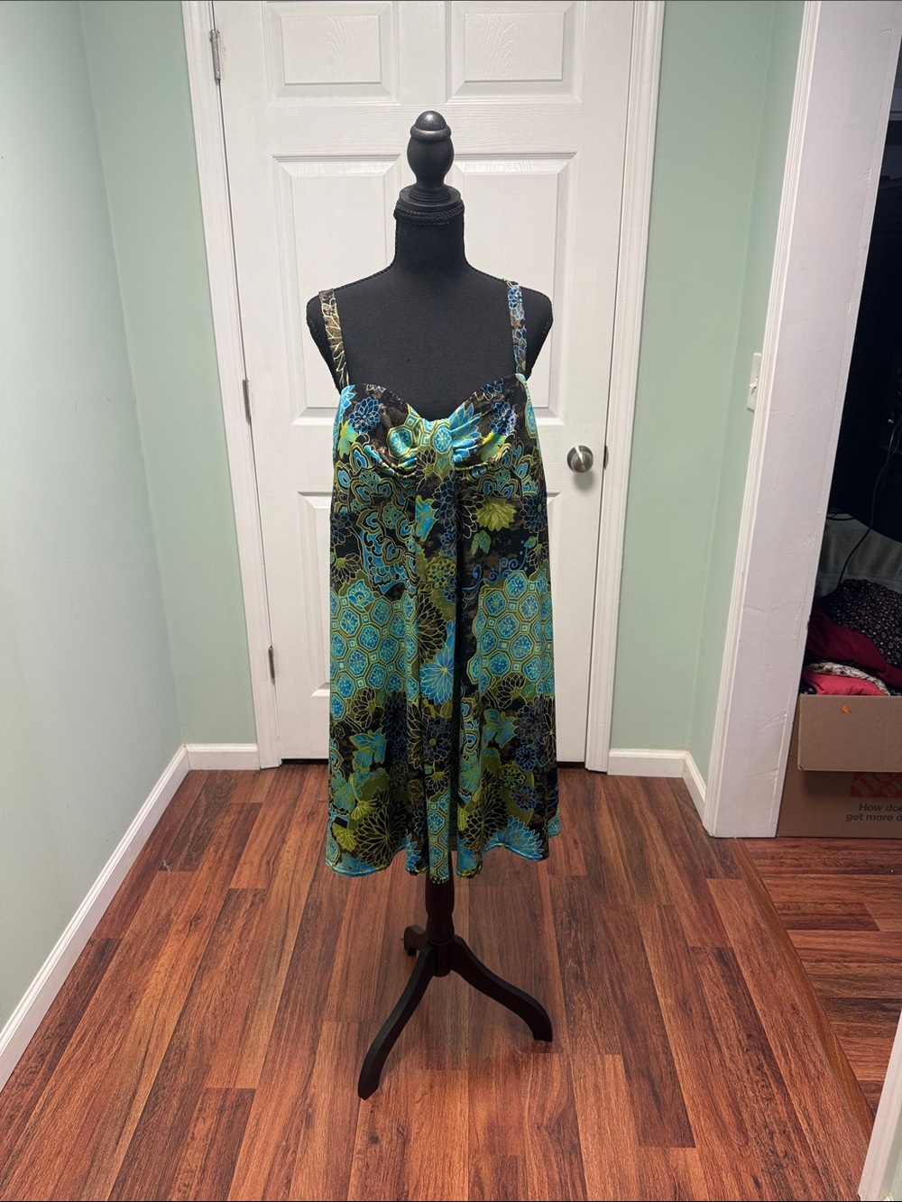Floral Print Spaghetti Strap Slip Dress in Teal & Green